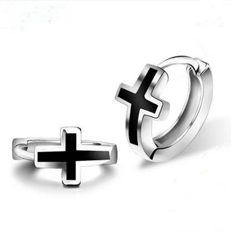 European Man Party Wedding Gift Cross Silver Hoop Earrings