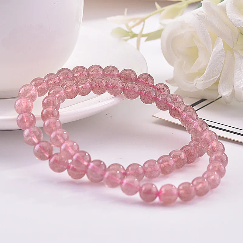 European Sweet Pink Strawberry Quartz Beads Chain Bracelet