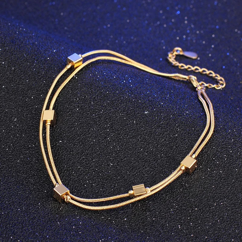 Vintage Two-Line Square Beads 18KT Anklet