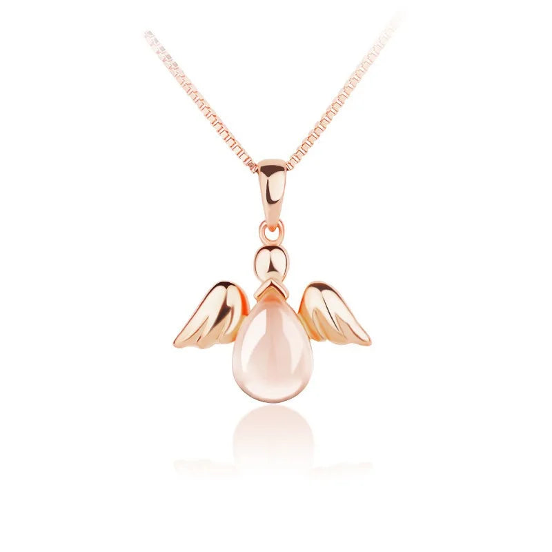 European Woman Party Angel Wing Rose Quartz S925 Silver Pendant Necklace
