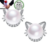 European Zircon Cat Pearl 18KT Yellow Stud Earrings