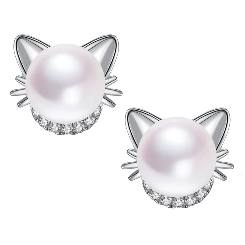 European Zircon Cat Pearl 18KT Yellow Stud Earrings