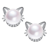 European Zircon Cat Pearl 18KT Yellow Stud Earrings