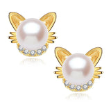 European Zircon Cat Pearl 18KT Yellow Stud Earrings