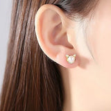 European Zircon Cat Pearl 18KT Yellow Stud Earrings