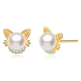 European Zircon Cat Pearl 18KT Yellow Stud Earrings