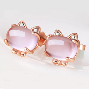 European Cat Rose Quartz Zircon Stud Earrings