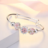 925 Sterling Silver Cuff Bangle with Flower Beads - Resizable