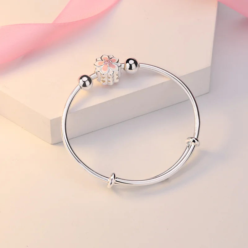 925 Sterling Silver Cuff Bangle with Flower Beads - Resizable