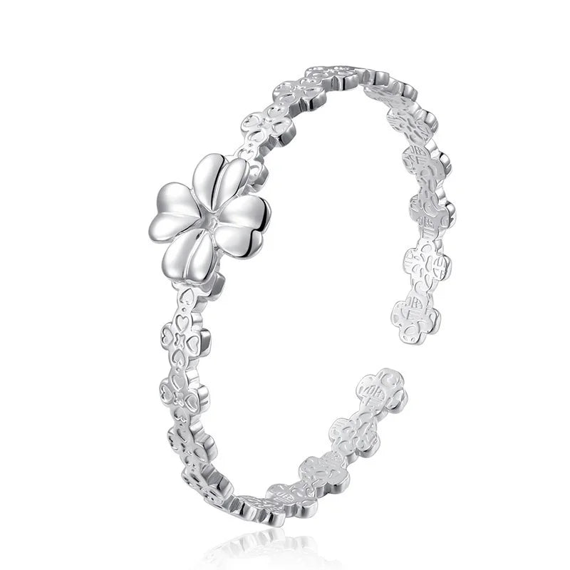 European Woman Party Gift Flower Open S999 Silver Cuff Bangle