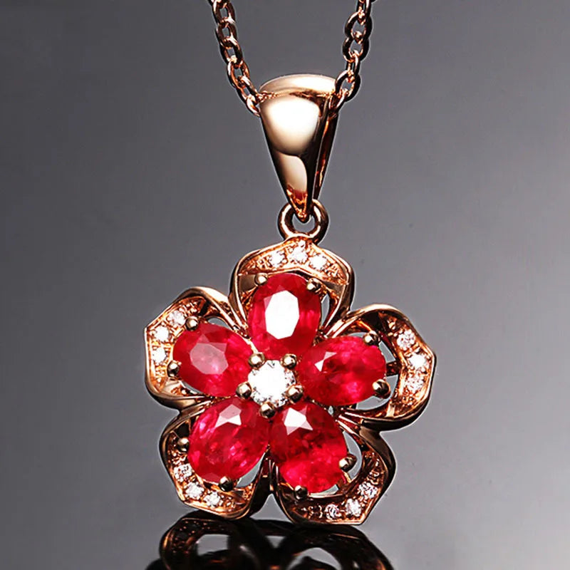 European Ruby Zircon 18KT Rose Pendant Necklace
