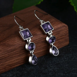 Geometric Amethyst 925 Silver Drop Earrings