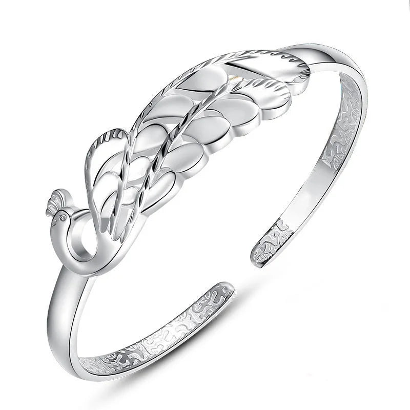 Peacock Open S999 Sterling Silver Cuff Bangle Gift