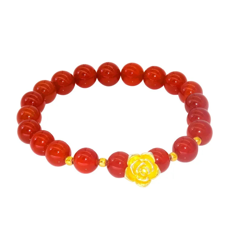 European Rose Garnet Beads 24KT Yellow Cuff Bangle