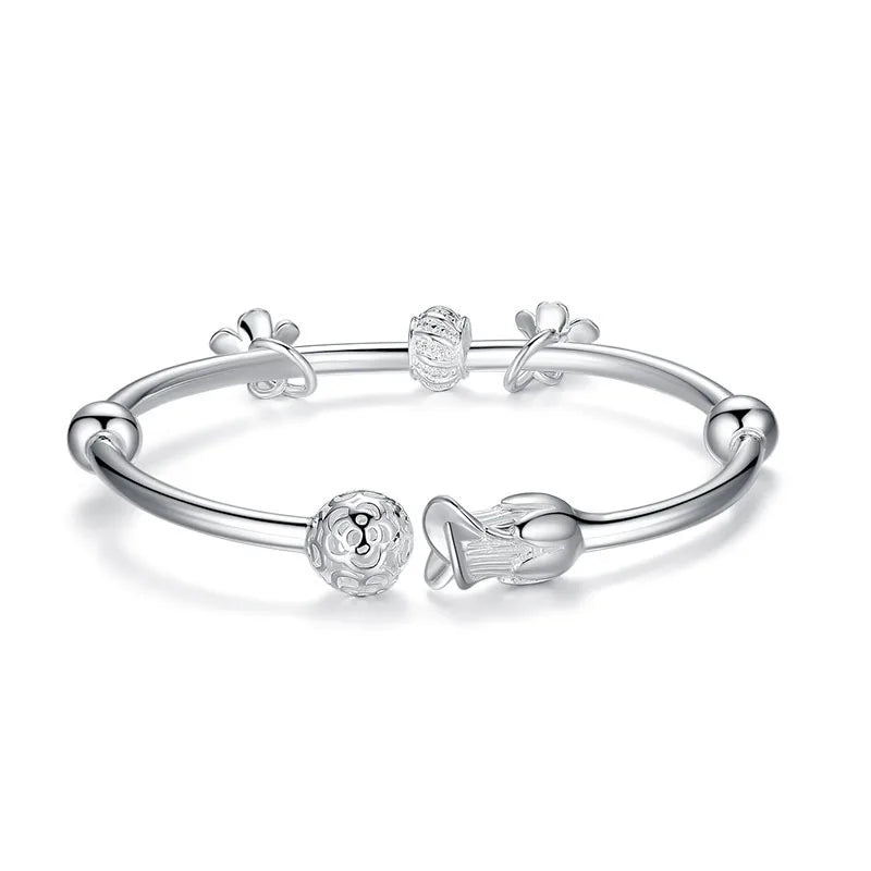 925 Silver Rose Open Cuff Bangle BA11