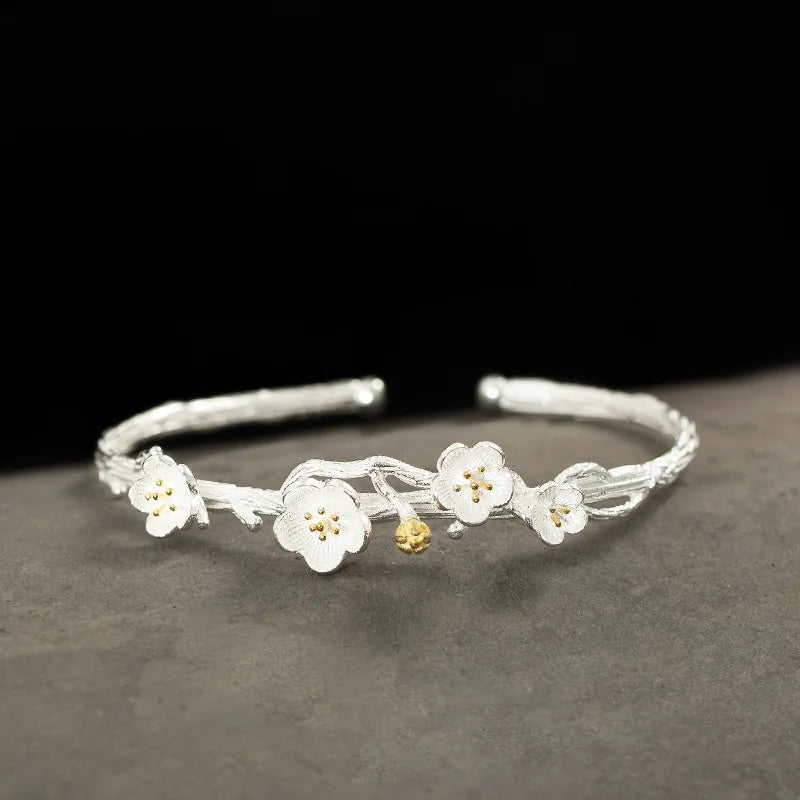 925 Sterling Silver Cuff Bangle with Sakura Design
