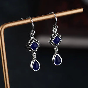 OMHXZJ Vintage Lapis S925 Silver Drop Earrings
