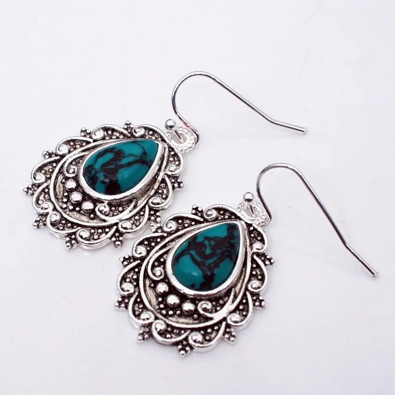Vintage Green Turquoise S925 Sterling Silver Drop Earrings