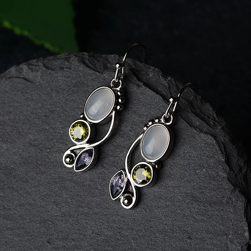 Vintage Moonstone Zircon 925 Silver Drop Earrings EA281