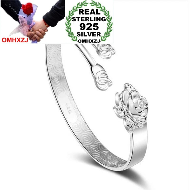 Rose Flower 925 Silver Cuff Bracelet Bangle SZ79