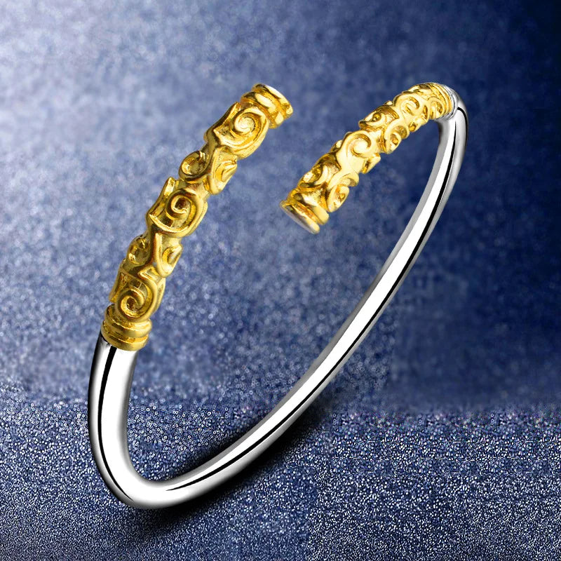 Engraved 925 Sterling Silver 18KT Cuff Bangle Bracelet