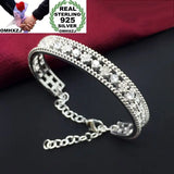 OL Woman Gift Silver Flower Zircon 925 Sterling Silver Cuff Bangle Bracelet
