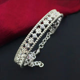 OL Woman Gift Silver Flower Zircon 925 Sterling Silver Cuff Bangle Bracelet