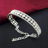 OL Woman Gift Silver Flower Zircon 925 Sterling Silver Cuff Bangle Bracelet