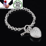 925 Silver Heart Charm Bracelet for Women, Party Gift, Thick Chain