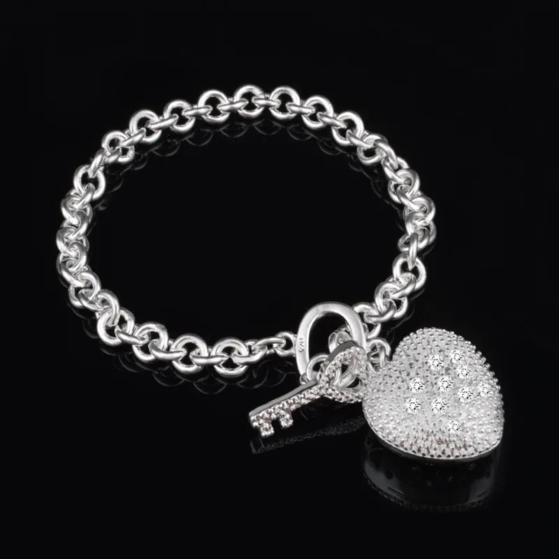 925 Silver Heart Charm Bracelet for Women, Party Gift, Thick Chain