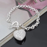 925 Silver Heart Charm Bracelet for Women, Party Gift, Thick Chain