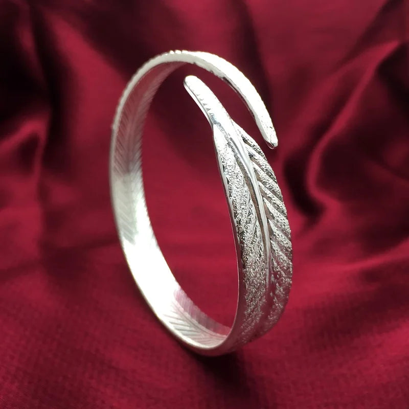 Leaf 925 Silver Cuff Bangle Bracelet