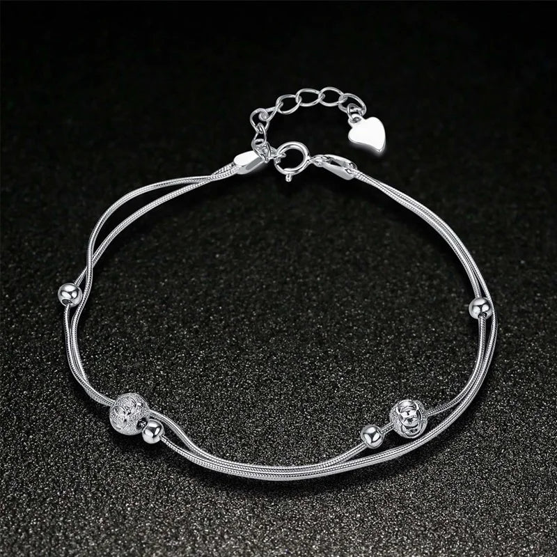 925 Silver Bracelet with Two Lines of Beads