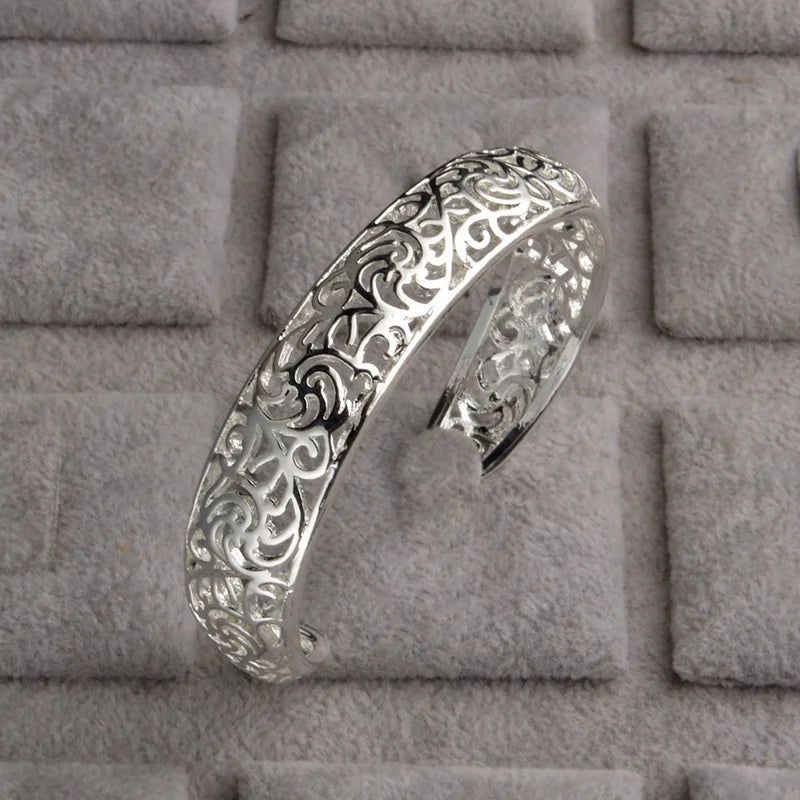 925 Silver Hollow Flower Cuff Bangle Bracelet