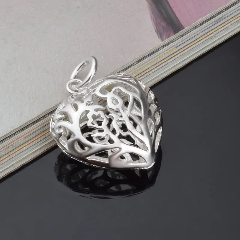 Party Gift Silver Hollow Heart 925 Sterling Silver Charm Pendant Necklace