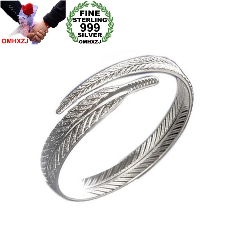 Sweet Woman Girl Feather 999 Silver Cuff Bracelet Bangle SZ80