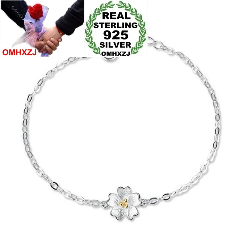 Golden Cherry Flower 925 Sterling Silver Bracelet Bangle SZ118