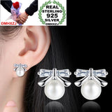 Sweet Bowknot Pearl Zircon 925 Silver Stud Earrings YS418