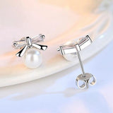 Sweet Bowknot Pearl Zircon 925 Silver Stud Earrings YS418