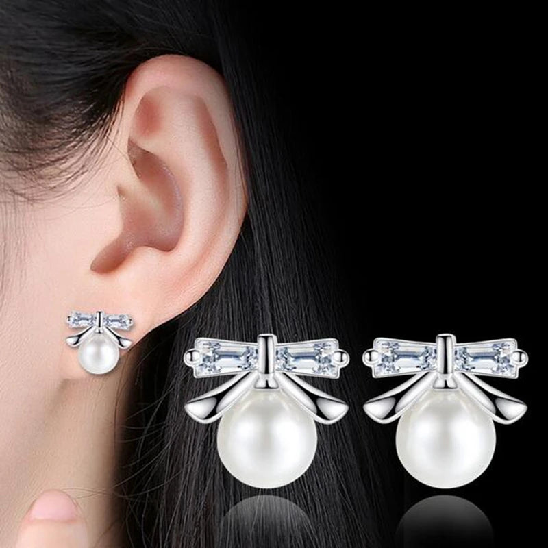 Sweet Bowknot Pearl Zircon 925 Silver Stud Earrings YS418
