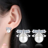 Sweet Bowknot Pearl Zircon 925 Silver Stud Earrings YS418