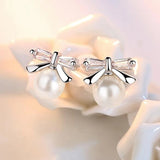 Sweet Bowknot Pearl Zircon 925 Silver Stud Earrings YS418