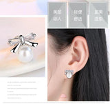 Sweet Bowknot Pearl Zircon 925 Silver Stud Earrings YS418