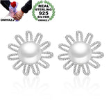 European Woman Daisy Flower Pearl Silver Stud Earrings