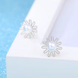European Woman Daisy Flower Pearl Silver Stud Earrings
