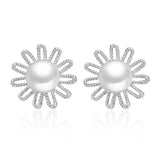 European Woman Daisy Flower Pearl Silver Stud Earrings