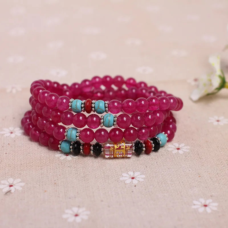 ZB415 Natural Stone Chalcedony Round Beads 4 Layers Bracelets