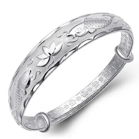 Double fish lotusn 999 Sterling Silver adjustable bracelet Bangles