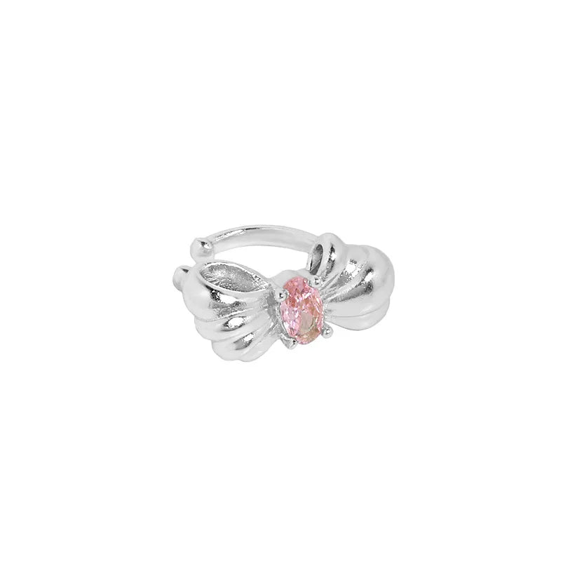 925 Silver Pink Rose Crystal Bow Ear Cuff Clip Earrings