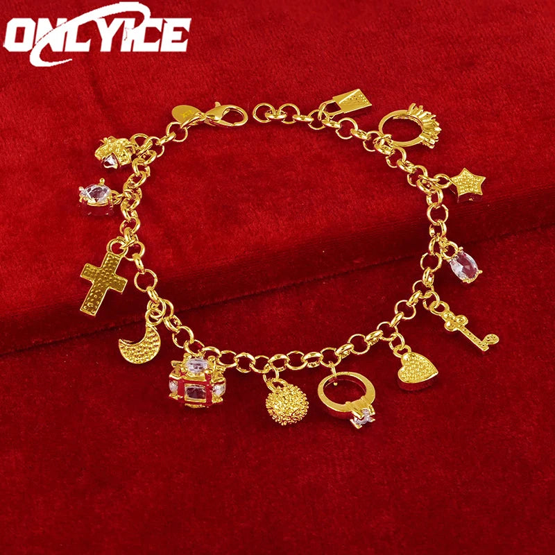 24K Heart Cross Moon Star Zircon Pendant Bracelet For Women